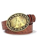 AWAYTR Western Belt for Women Cowgirl - Vintage PU Leather Cowboy Belts for Men with Letter Buckle (Brown-Letter A,Fit for Waist Size 33'-36')