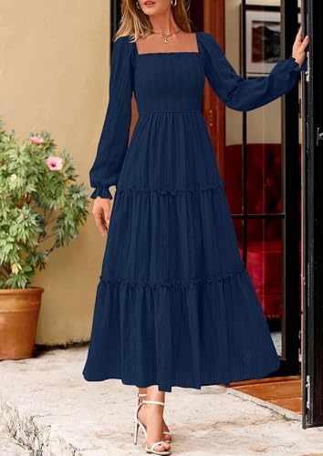 PRETTYGARDEN Fall Dresses for Women 2025 Casual Long Sleeve Smocked Ruffle Flowy Elegant Wedding Guest Maxi Dress Pockets3
