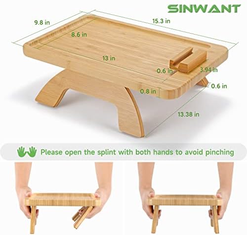 Bamboo Sofa Tray Table Clip on Side Table for Wide Couches Arm, Foldable Couch Tray with 360° Rotating Phone Holder, Armrest Table for Eating/Drinks/Snacks/Remote/Control (Rectangle)