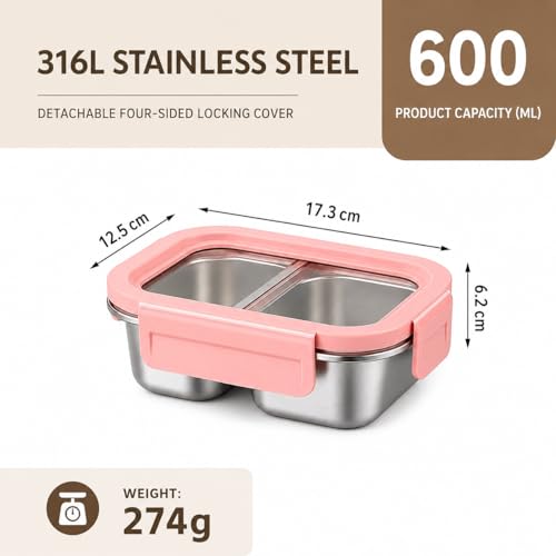 Image of Motka Premium 600 ml Divided Bento Lunch Box | 316L Stainless Steel 2 Compartment with Detachable Leak-Proof Locking Lid | Airtight Tiffin Box for Kids, School, Office & Travel (Pink)