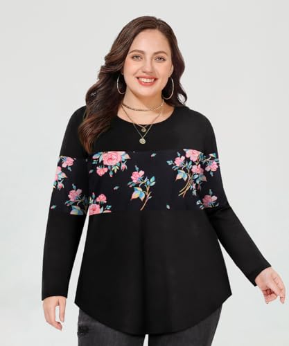 Image of CARCOS Plus Size Tops for Women Color Block Flower /Striped /Camo Crew Neck Long Sleeve Tee Shirt