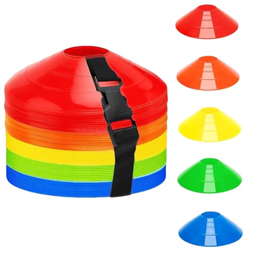 LOPYXBR 100 Stück Hütchen Fussball, 5 Farben Markierungshütchen Fussball Hütchen Set mit Gurt, Runde Trainingshütchen Hütchen Fussball Trainingskegel für Fußball und Leichtathletik