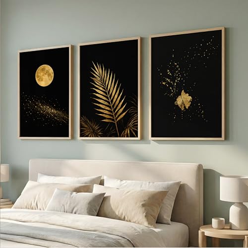 Image of TheMakerly Set of 3 Moon & Golden Palm Leaf Wall Art Paintings for Living Room | Modern Luxury Black Gold Wall Decor | Framed Wall Paintings for Bedroom, Hall, Office & Home Decoration (13x19 Inches)