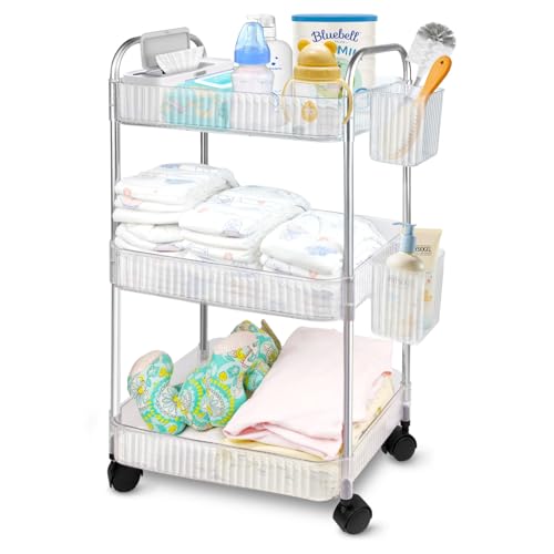 Image of 3-Tier Diaper Cart Organizer With Wheels Mit 2 Hanging Baskets, Baby Diaper Caddy Organizer, Newborn Baby Essentials Must Haves, Bedside Cart, Baby Cart For Crib, Changing Table, Nursery, Bathroom