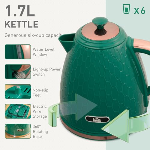 HOMCOM Kettle and Toaster Set, 1.7L 3000W Fast Boil Jug Kettle with Auto Shut Off, 4 Slice Toaster with 7 Level Browning Controls & Crumb Tray, UK Otter Thermostat, Green