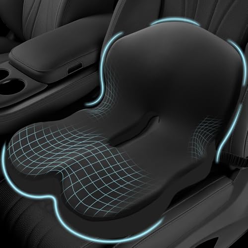 Mosxoed Memory Foam Seat Cushion for Sciatica & Back Pain Relief - Ergonomic Chair Pad with Adjustable Strap & Supportive Comfort Cover, Non-Slip for Car, Truck, Office Chair -Black