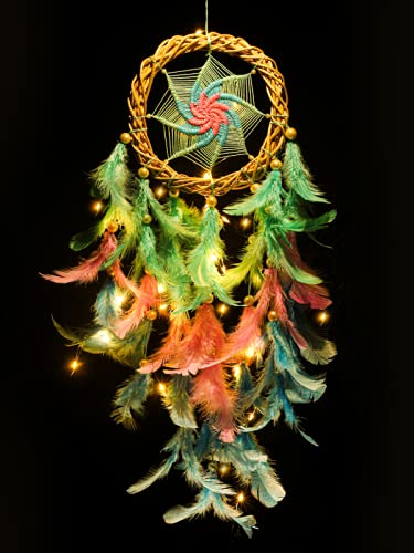 Rooh Dream Catcher | Pastel Magic Wreath Dream Catcher with Pretty Lights | Kids bedroom | Party gift | Handmade feather hangings ( Can be Used as Home Decor, Gift, Wall Hangings, Meditation Room, Yoga Temple, Wind Chime & Car Hanging )