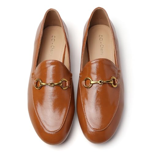 Image of Women's Classic Bit Loafers - Structured Faux Leather Business Work Flats, Comfortable Slip On Dress Shoes with Gold Metal Buckle (Updated True Size)