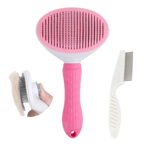 Image of Cat Brush with Release Button, universal for cats and dogs, one click release, brush and flea comb combination set,Pet Hair Comb Tear Stay Removal, knotted skin floating hair tangled fleas (Pink)