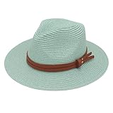 Women Wide Brim Straw Panama Roll up Hat Fedora Beach Sun Hat UPF50+ Light Green