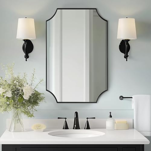 Image of MIRRORART 24x32'' Black Scalloped Bathroom Vanity Mirror for Wall