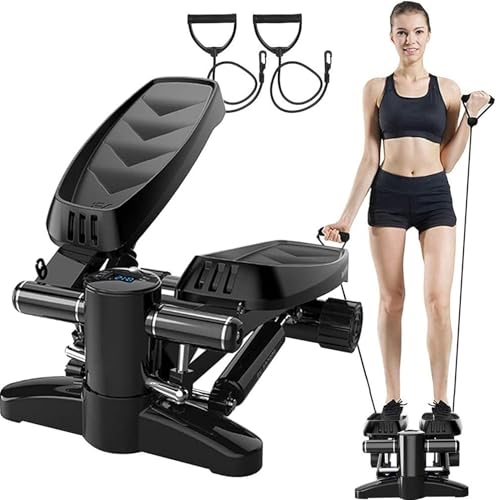 Image of Mini Stepper Machine with Display & Resistance Bands for Full Body Workout - Adjustable Intensity Up-Down Stepper for Home Exercise