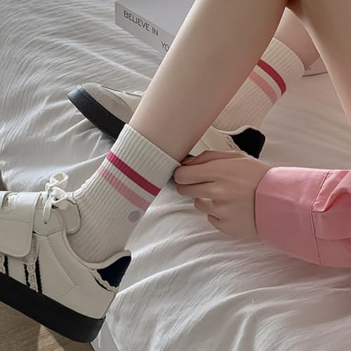 Womens Solid Color Two Stripe Crew Socks Casual Athletic Smiling Face Ankle Socks for women Girls3