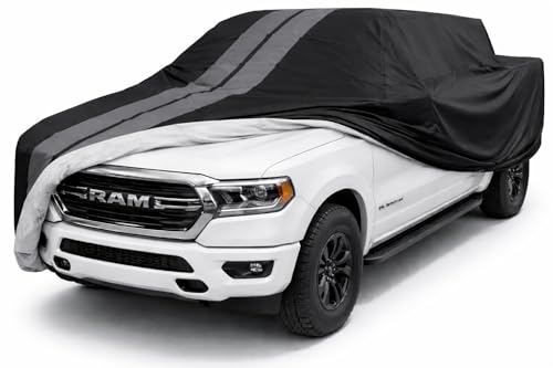 Image of SR1 Performance USA Ultraguard Truck Cover for 2002-2026 Ram 1500 Crew Cab 5.5ft Bed - Custom Fit, 300D Water Resistant, UV Protection, Soft Lined Indoor /Outdoor Pickup Cover (Black with Gray Stripes)