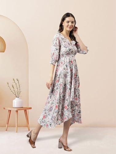 Image of KERI PERRY Women's White Rayon Floral Printed High Low Western Dress | Dress for Women | A line Dress | Summer Dress|Western Dress | Women Dress | Trendy Dress for Dress | Midi Dress