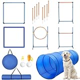 Rengue Dog Agility Training Equipment Set, Multi-Functional Dog Agility Obstacle Course Backyard Starter Kit with Tunnel, Weave Poles, Adjustable Hurdle, Jump Ring, Pause Box, Toys, and Carrying Bag