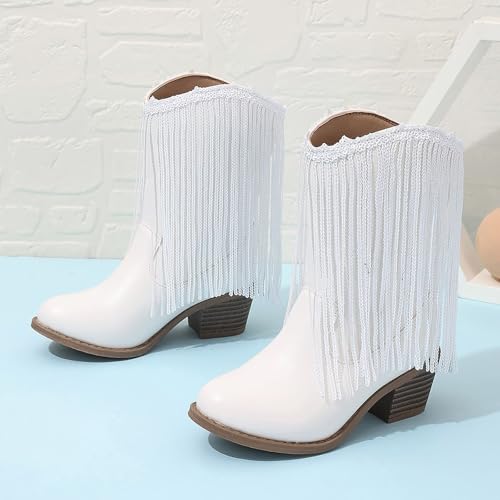 Girl's Cowgirl Boots Cowboy Fringe Western Boots Chunky Heel Tassel Mid Calf Boots Kids Pointed Toe Riding Boots3