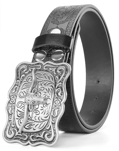 Image of Western-Cowboy-Leather-Belts for Women Turquoise-Oval-Buckle Embossed Belt
