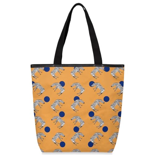 Mularoka Polka Dot Zebras Canvas Tote Bag with Zipper and Pockets Canvas Tote Shopping Bag Women Reusable Grocery Bag for Beach Travel Gym Shopping