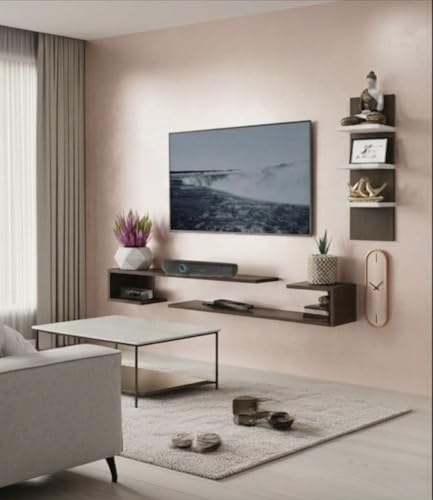 Image of Bros Moon Wall Mounted TV Cabinet, L-Shape, Choco White, MDF, Modern Style, Laminated Finish, for Living Room, Suits TV up to 55 Inches (Mocha White, Dual J 48 Inches Base)