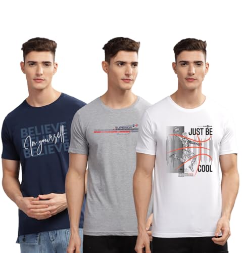 Image of ADRO 100% Cotton Lycra Tshirts for Men Combo Pack of 3 | Regular Fit | Printed T Shirt | Round Neck Half Sleeve| Mens Tshirts