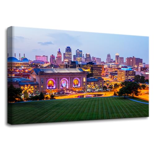 Pacimo Union Station Kansas City Wall Art - Framed Canvas Painting Prints with Cityscape Skyscraper Design - Perfect for Modern Artwork Home Decor Wall Decor for Living Room Bedroom Office 16"x24"