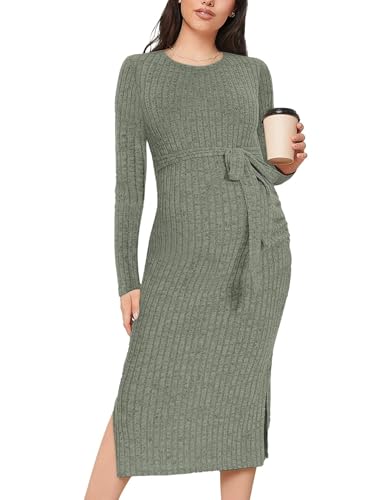 guruixu Rundhals-Umstandspulloverkleid, Rippstrick, langärmelig, Schlitz, Schwangerschaftskleid, Kleidung mit Gürtel, Salbeigrau, Mittel