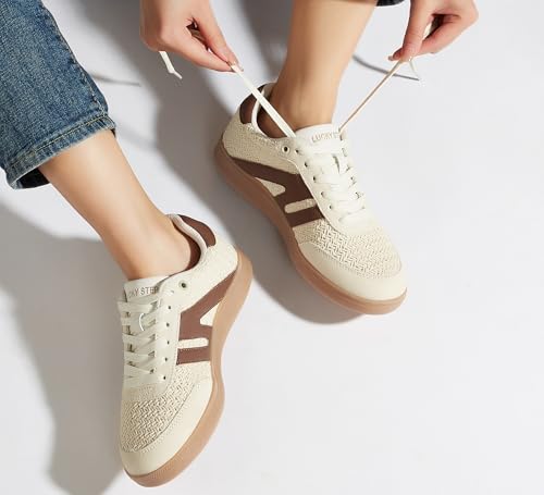 Image of LUCKY STEP Women Classic Retro Gum Sole Fashion Sneakers Casual Tennis Skate Shoe Genuine Leather Walking Footwear Anti Slip Trainers