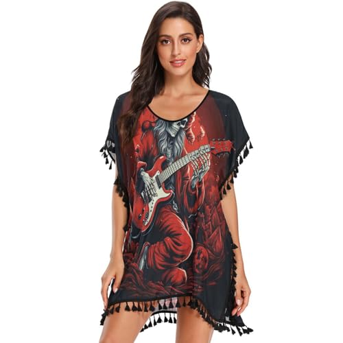 Christmas Skull Guitar Red Women's Beach Cover Up Chiffon Tassel Swimwear Swimsuit Coverups for Girl