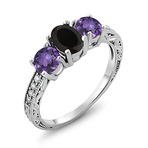 Gem Stone King 925 Sterling Silver Black Onyx and Purple Amethyst Women Engagement Ring (1.82 Cttw Oval Available in size 5, 6, 7, 8, 9)