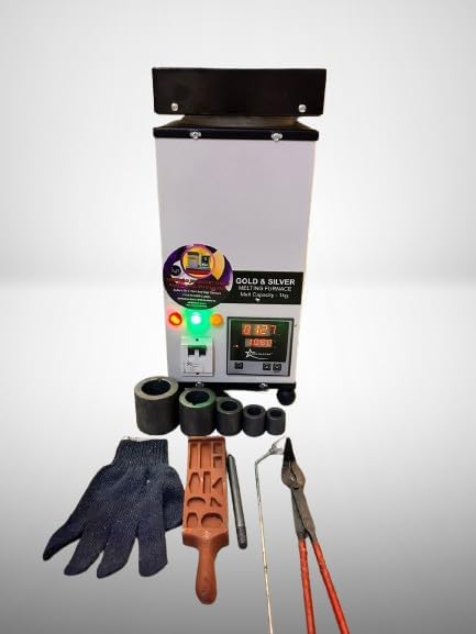 ASHIRWAD Gold & Silver Fast Melting Furnace, 1kg Capacity, 1200°C Max Temperature, 1500W with LED Display, 3 Indicator, Protective Coil System, Includes 5 Crucibles and Tools, Melting time 10 minutes.