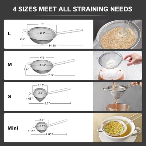 Walfos Fine Mesh Strainer 4PCS, Versatile Kitchen Strainer with Handle - 7", 4.6", 3.15", 2.7" Sieve Fine Mesh Stainless Steel, Metal Strainers and Sifters for Rice, Quinoa, Tea, Cocktail, Juice