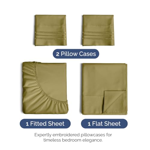 Image of Queen Size 4 Piece Sheet Set - Ultra Soft & Cooling Sheets - Olive Yellow | Fits 8 Inch to 16 inch Mattress, Wrinkle Free & Fade Resistant with Deep Pockets, Breathable, Comfy Hotel Luxury Bedding
