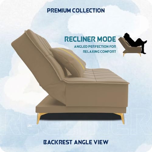 Image of Adorn India Premium New Alyssum 3 Seater Sofa Cum Bed 4X6 Velvet Suede with 2 Cushions (Color Beige) and Suitable for All Indoor, with 3 Years Warranty