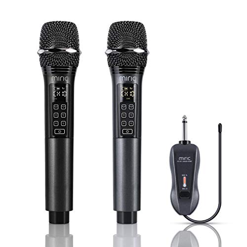 Miric Micrófono Inalámbrico Profesional Recargable, Microfono Karaoke Dinámico Dual con Control de Volumen y 10 Opciones de Canales UHF, para KTV, Fiesta Lugares de Entretenimiento y Boda