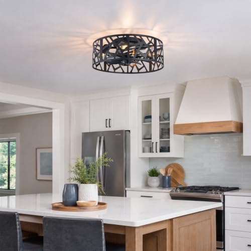 Image of 20 inch Farmhouse Flush Mount Ceiling Fan with Light and Remote, Black Caged Low Profile Fandelier, 6-Speed Reversible Enclosed Ceiling Fan for Bedroom, Kitchen, Small Room
