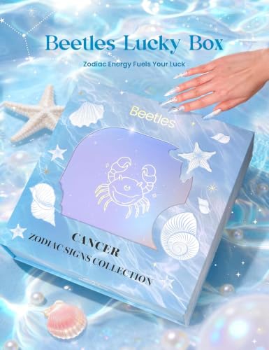 Image of Beetles Moonlit Sanctuary Lucky Box Cancer Zodiac Gel Nail Polish Kit | with Mini UV Light Blue White Pearl Sliver Colors, Nail Art Set with Tools Necklace Badge, Salon DIY Zodiac Gift for Women