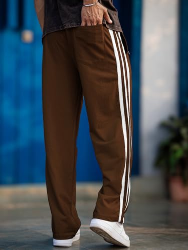 Image of Men's Track Pants with White Side Stripes | 4-Way Lycra Twill Polyester Straight Relaxed Fit Joggers | Mid-Rise Flexi Waist Lounge Bottoms