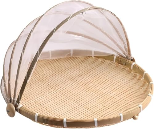 GEBYUI 厨房用天然竹製?网?晒? 青竹素材で?形?盖 透气防虫防? 柳條円形托?付 梅干干菜の?晒に適し ?物?水架として可動 天然竹收?用厨房用具?