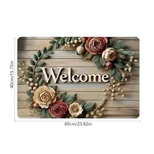Image of Floral Welcome Doormat for Home Entrance - Non-Slip, Waterproof, and Easy-Clean Floor Mat - Indoor Outdoor Decorative Rug for Front Door, Porch, Patio, Kitchen & Living Room