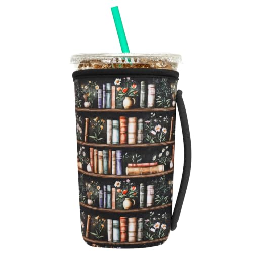 Image of Insulated Neoprene Cup Sleeve for Iced Coffee & Cold Soda - Reusable & Sweatproof, Keeps Drinks Cold Longer, Coffee Coolie for Hot & Iced Drinks (Bookshelf & Floral, Large: 32oz)