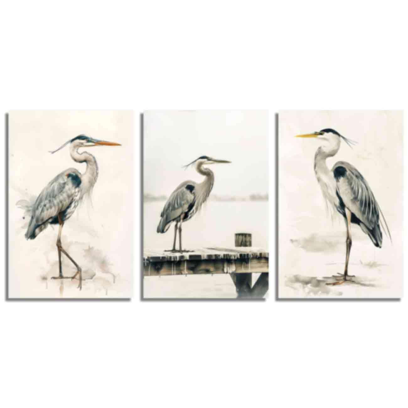 ZQQART Heron Canvas Wall Art 3 PCS Heron Bird Animal Picture Prints Vintage Wildlife Egret Painting Blue Great Heron Standing on the Water Poster (Brown,12W x16L x3)