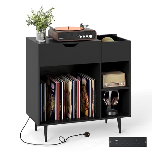 COSTWAY Record Player Stand with Charging Station, Turntable Stand End Side Table with Drawer, 3 Dividers and Shelves, Albums Vinyl Record Storage Cabinet Holder for Living Room Bedroom (Black)