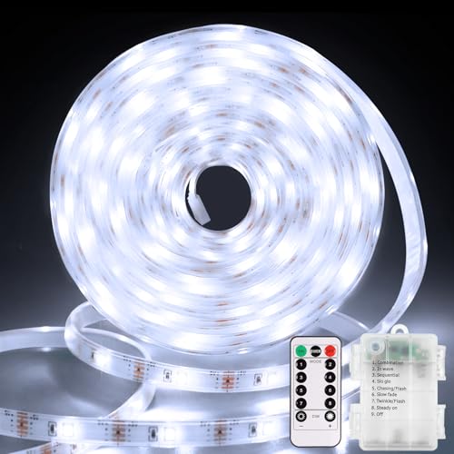 Image of LED Strip Lights Battery Operated 9.8ft 90 LED Strip Lights with Remote | Cuttable Battery Strip Lights with Timer Dimmable for Indoor Outdoor Bedroom Cabinet Boat Decor, Cool White