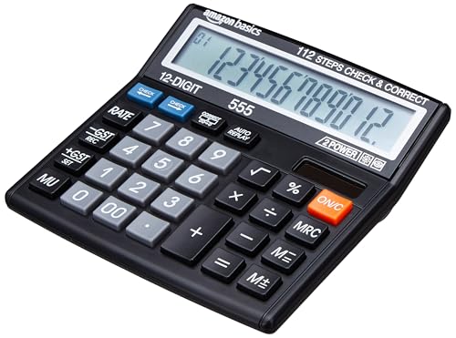 Image of Amazon Basics AB-555 12 Digits GST & Tax Calculator with 112 Steps Check and Correct, Basic Calculator, Black