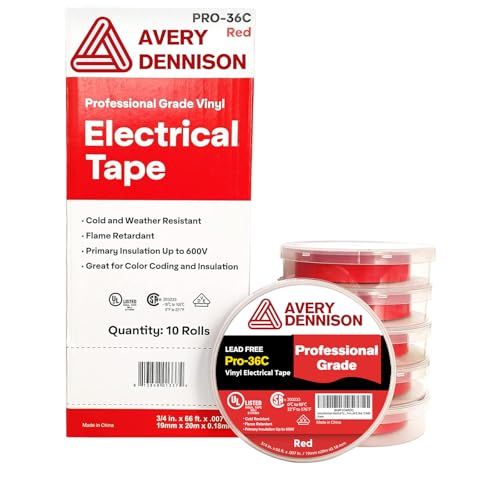 Image of Avery Dennison Electrical Tape, 10 Rolls Professional Grade PVC Electric Tape, UL /CSA Listed in x 66 ft Insulating Vinyl Tape for Electrical, Repairs, Automotive and Equipment, Pro-36C, Red