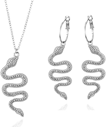 Balirek Snake Earring & Necklace Personalized Dangle Earrings Punk Animal Hypoallergenic Fashion Rhinestone Ear Jewelry Set for Women and Girls