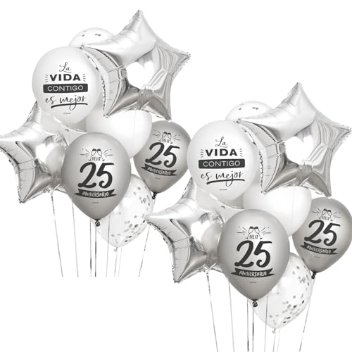 20 Globos de látex y Foil Colores Plateados para celebrar 25 Aniversario -Globos para Fiestas, Globos 25 Aniversario, 25 Aniversario, Decoración Fiesta Cumpleaños y aniversario.