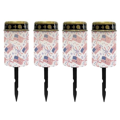 Image of Poceacles American Flag Fireworks Print Cemetery Candle Grave Lights Outdoor Waterproof Decoration Pathway Lights Garden Solar Candle for American 250th Independence Day Decor, Pack of 4