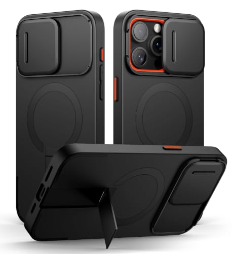 Image of SURITCH for iPhone 15 Pro Max Case with Magnetic Camera Slide Cover and Adjustable Kickstand, Compatible with MagSafe, Shockproof Bumper Case Slim Protective Cover 6.7 Inch, Black